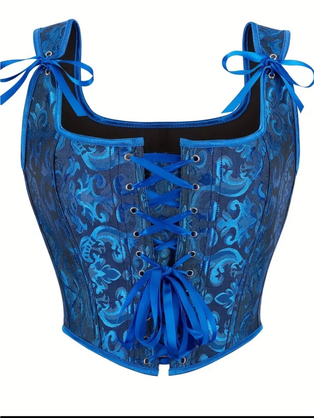 Blue Brocade Lace-Up Corset Top New